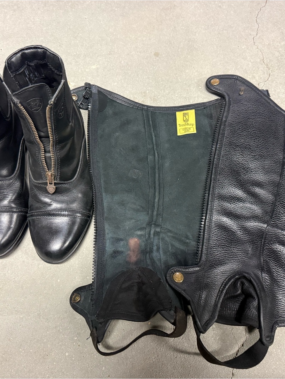 Ariat Black Leather Zip Front Riding Boots and Chaps